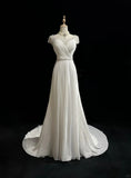 White Elegant A-Line Chiffon V-neck Long Prom Dress with Beading Simple Wedding Dress HZ1108