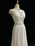 White Elegant A-Line Chiffon V-neck Long Prom Dress with Beading Simple Wedding Dress HZ1108