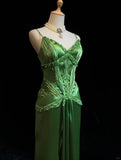 Green Spaghetti Strap Sheath Satin Beaded Prom Dress Evening Gown HZ1108