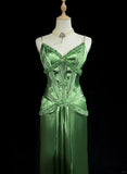 Green Spaghetti Strap Sheath Satin Beaded Prom Dress Evening Gown HZ1108