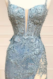 Beautiful Tiffany Blue Spaghetti Straps Tulle Applique Long Prom Dress Sequined Evening Dress with Slits HZ1108