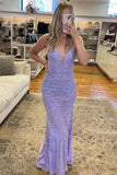 Elegant Lilac Mermaid V-neck Applique Long Prom Dress Sequined Evening Dress HZ1108