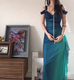 Glitter Blue Sweetheart Neck Bodycon Dress Ruffled Party Dress Spaghetti Strap Evening Dress HZ1108