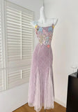 Purple Sweet Lace Applique Spaghetti Strap Mermaid Sleeveless Long Birthday Prom Dress Adult Ceremony Graduation Prom Dress HZ1108