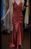 Rust Red Vintage Halter Mermaid Satin Long Backless Prom Dress Sleeveless Party Dress HZ1108