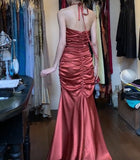 Rust Red Vintage Halter Mermaid Satin Long Backless Prom Dress Sleeveless Party Dress HZ1108