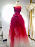 Cute Gradient Tulle Strapless A-Line Long Wedding Dress Evening Gown HZ1108