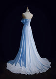 Gorgeous Blue A-line Chiffon Pleated One Shoulder Slit Long Evening Gown Wedding Guest Dress HZ1108