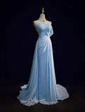 Gorgeous Blue A-line Chiffon Pleated One Shoulder Slit Long Evening Gown Wedding Guest Dress HZ1108