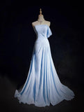 Gorgeous Blue A-line Chiffon Pleated One Shoulder Slit Long Evening Gown Wedding Guest Dress HZ1108