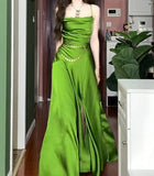 Elegant Green Spaghetti Strap Slit Satin Long Sleeveless Prom Dress Party Pong Evening Dress HZ1108
