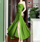 Elegant Green Spaghetti Strap Slit Satin Long Sleeveless Prom Dress Party Pong Evening Dress HZ1108