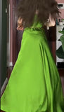 Elegant Green Spaghetti Strap Slit Satin Long Sleeveless Prom Dress Party Pong Evening Dress HZ1108