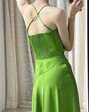 Elegant Green Spaghetti Strap Slit Satin Long Sleeveless Prom Dress Party Pong Evening Dress HZ1108