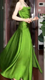 Elegant Green Spaghetti Strap Slit Satin Long Sleeveless Prom Dress Party Pong Evening Dress HZ1108