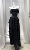 Elegant Black Strapless A-Line Layered Chiffon Long Prom Dress Graduation Prom Dress HZ1108