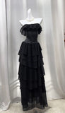 Elegant Black Strapless A-Line Layered Chiffon Long Prom Dress Graduation Prom Dress HZ1108