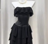 Elegant Black Strapless A-Line Layered Chiffon Long Prom Dress Graduation Prom Dress HZ1108