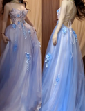 Backless A-Line Spaghetti Strap Tulle Applique Long Prom Dress Sweet Evening Dress HZ1108