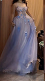 Backless A-Line Spaghetti Strap Tulle Applique Long Prom Dress Sweet Evening Dress HZ1108