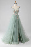 Sweet Green A-Line Tulle Strapless Sequined Long Prom Dresses for Birthday Backless Evening Gowns HZ1108
