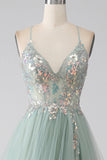 Sweet Green A-Line Tulle Strapless Sequined Long Prom Dresses for Birthday Backless Evening Gowns HZ1108
