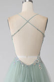 Sweet Green A-Line Tulle Strapless Sequined Long Prom Dresses for Birthday Backless Evening Gowns HZ1108