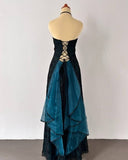 Vintage Strapless Teal Satin Sleeveless Black Tulle Beaded Ball Dress Birthday Evening Dress HZ1108