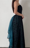 Vintage Strapless Teal Satin Sleeveless Black Tulle Beaded Ball Dress Birthday Evening Dress HZ1108