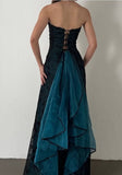 Vintage Strapless Teal Satin Sleeveless Black Tulle Beaded Ball Dress Birthday Evening Dress HZ1108