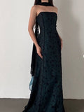 Vintage Strapless Teal Satin Sleeveless Black Tulle Beaded Ball Dress Birthday Evening Dress HZ1108