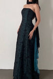 Vintage Strapless Teal Satin Sleeveless Black Tulle Beaded Ball Dress Birthday Evening Dress HZ1108