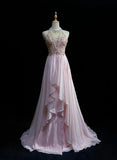 Gorgeous Pink A-Line Tulle High Neck Chiffon Long Beaded Backless Prom Dress Retro Wedding Birthday Dress HZ1108