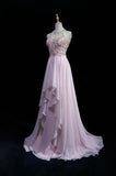 Gorgeous Pink A-Line Tulle High Neck Chiffon Long Beaded Backless Prom Dress Retro Wedding Birthday Dress HZ1108