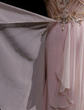 Gorgeous Pink A-Line Tulle High Neck Chiffon Long Beaded Backless Prom Dress Retro Wedding Birthday Dress HZ1108