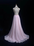 Gorgeous Pink A-Line Tulle High Neck Chiffon Long Beaded Backless Prom Dress Retro Wedding Birthday Dress HZ1108