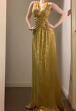 Temperament Golden V-neck Long Prom Dress Birthday Party Dress HZ1108