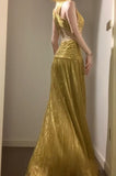 Temperament Golden V-neck Long Prom Dress Birthday Party Dress HZ1108