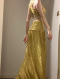 Temperament Golden V-neck Long Prom Dress Birthday Party Dress HZ1108