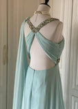 Gentle Tiffany Blue Chiffon V-neck Beaded Sequin A-Line Long Prom Dress Wedding Evening Dress HZ1108