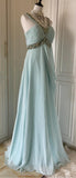 Gentle Tiffany Blue Chiffon V-neck Beaded Sequin A-Line Long Prom Dress Wedding Evening Dress HZ1108