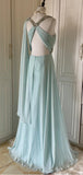 Gentle Tiffany Blue Chiffon V-neck Beaded Sequin A-Line Long Prom Dress Wedding Evening Dress HZ1108