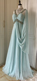 Gentle Tiffany Blue Chiffon V-neck Beaded Sequin A-Line Long Prom Dress Wedding Evening Dress HZ1108