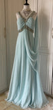 Gentle Tiffany Blue Chiffon V-neck Beaded Sequin A-Line Long Prom Dress Wedding Evening Dress HZ1108