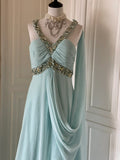 Gentle Tiffany Blue Chiffon V-neck Beaded Sequin A-Line Long Prom Dress Wedding Evening Dress HZ1108
