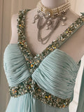 Gentle Tiffany Blue Chiffon V-neck Beaded Sequin A-Line Long Prom Dress Wedding Evening Dress HZ1108