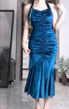 Elegant Blue Pleated Mermaid Satin Open Back Prom Dress Birthday Dress HZ1108