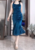 Elegant Blue Pleated Mermaid Satin Open Back Prom Dress Birthday Dress HZ1108