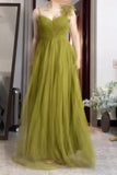 A-Line Olive Green Spaghetti Strap Tulle Long Prom Dress Sweet Birthday Evening Dress HZ1108