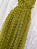 A-Line Olive Green Spaghetti Strap Tulle Long Prom Dress Sweet Birthday Evening Dress HZ1108